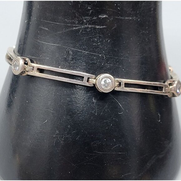 Sterling Cubic Zirconia Bar Link Bracelet Vintage 925 Silver Large Sparkle SZ 7 - Picture 1 of 11